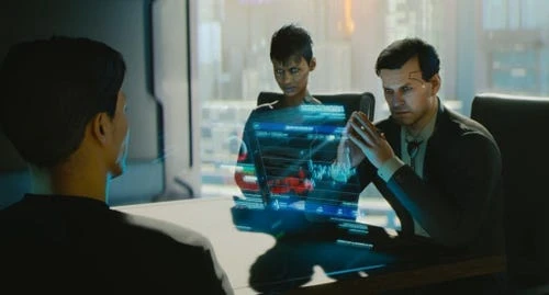 游戏开发公司会议图片，员工正在讨论合同问题