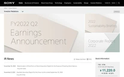 索尼投资者关系页面截图