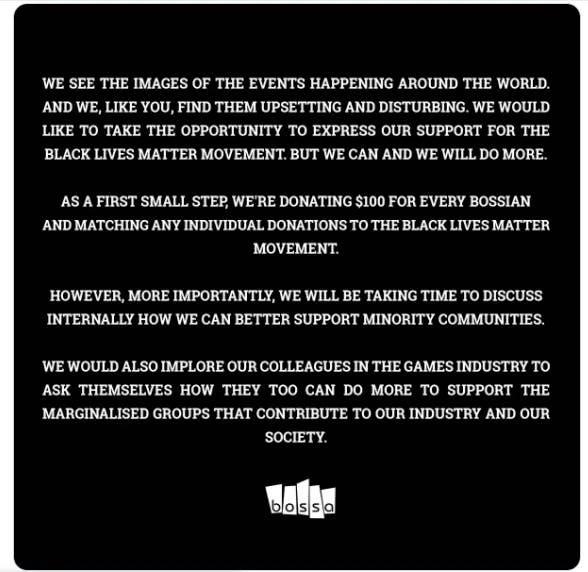 Bossa Studios支持黑命运动的声明
