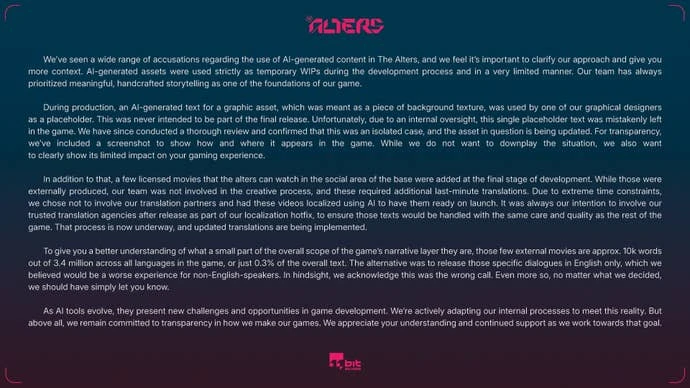 《The Alters》开发商官方道歉截图