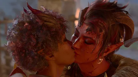 Baldur's Gate 3 游戏截图，显示激烈的伴侣互动