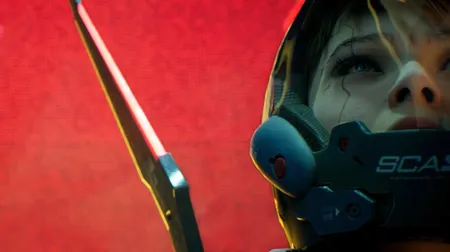 Metal Eden游戏截图中，主角在未来赛博朋克都市中战斗