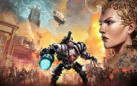 《Clockwork Revolution》游戏截图，展示蒸汽朋克风格的未来世界