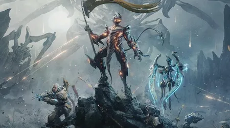 Warframe 游戏截图，展示未来可能的战斗场景