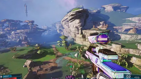 Borderlands 4 游戏截图，展示玩家利用“蟋蟀跳跃”技能飞跃地图