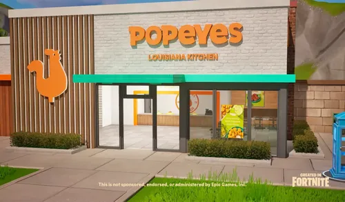 Popeyes快餐品牌标志与Fortnite游戏场景