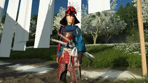 游戏《Yotei的幽灵》中的主角 A tsu 站在悬崖边，面对大海，手持日本画笔绘制水墨画